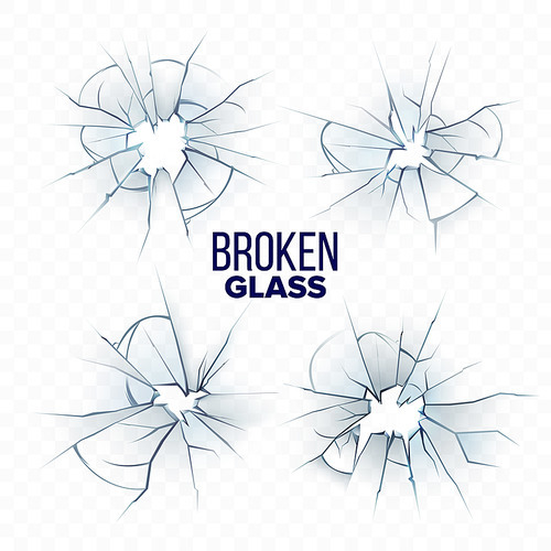Broken And Smashed Glass Collection Set Vector. Different Accident Crashed, Damaged And Shattered Glass. Destruction Texture Screen Material Transparent Concept Template Realistic 3d Illustrations