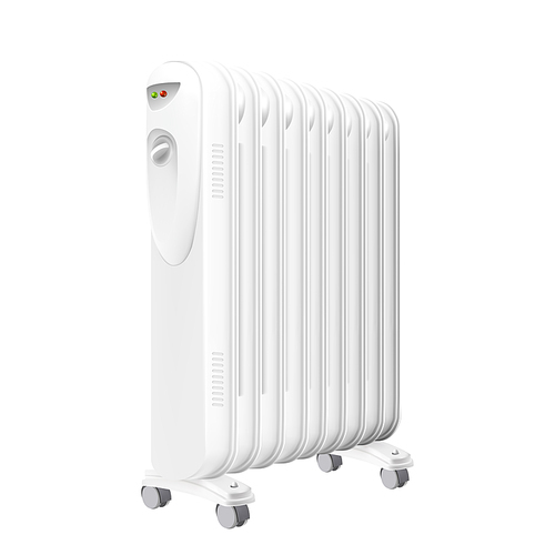 Electric Oil Heater Radiator Equipment Vector. Electrical Oil-filled Radiator With Heat Control And Wheels, Device For Heating Apartment Room. Concept Template Realistic 3d Illustration
