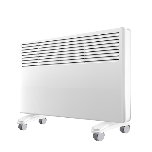 Electricity Heater Convector Equipment Vector. House Room Heating Convector With Wheels Electric Device. Domestic Warming Individual Climate Control Concept Mockup Realistic 3d Illustration