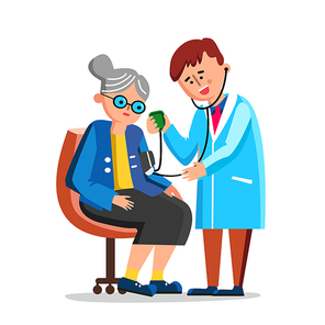 Doctor Measuring Old Woman Blood Pressure Vector. Character Young Doctor Care Elder Lady, Senior Patient. Stethoscope And Sphygmomanometer Cardiology Medical Equipment Flat Cartoon Illustration