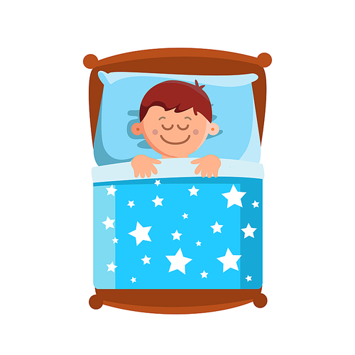 Little Boy Sleeping In Bed, Sweet Dreams Vector. Character Happy Smiling Small Child Lying In Comfortable Bed On Pillow And Covered With Blanket. Schoolboy Bedding Flat Cartoon Illustration