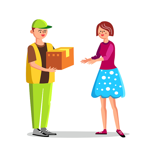 Courier Delivering Carton Box To Woman Vector. Character Deliver Boy Courier In Uniform Giving Cardboard Package To Young Lady Customer. Delivery Service Concept Flat Cartoon Illustration