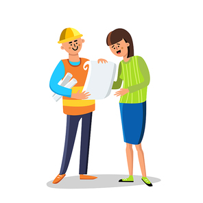 Engineer Builder Discussing With Woman Vector. Character Builder Man Wearing Construction Suit And Helmet With Paper List Speaking With Happy Smiling Young Lady. Flat Cartoon Illustration