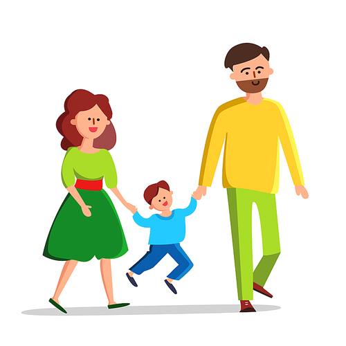 Happy Family Father, Mother And Little Boy Vector. Characters Young Smiling Family, Bearded Man Daddy, Woman Mom Parents And Small Child Son Walking Together. Flat Cartoon Illustration
