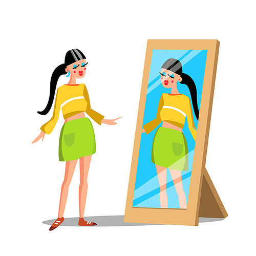 Girl Fashion Character Watch In Mirror Vector. Narcissistic Long-haired Woman Standing In Front Of Mirror And Looking At Herself Reflection. Dressed Beautiful Lady Flat Cartoon Illustration
