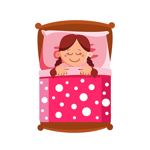 Little Girl Sleeping In Bed, Sweet Dreams Vector. Cute Character Happy Smiling Small Child Lying In Comfort Bed On Pillow And Covered With Blanket. Brunette Schoolgirl Flat Cartoon Illustration