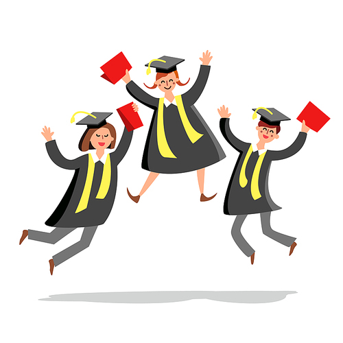 Students Jumping And Celebrate Graduation Vector. Characters Happy And Smiling Young Students Boy And Girls With Diplomas Wear Gown And Hat. University Graduate Celebration Flat Cartoon Illustration