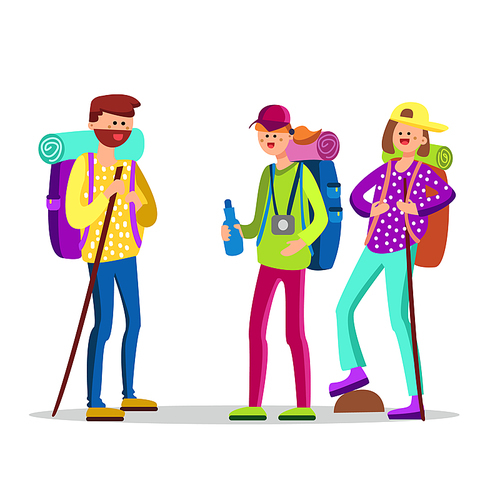 Hikers Characters With Touristic Equipment Vector. Happy Smiling Hikers People With Hiking Accessories Backpack And Sleeping Bag, Stick And Water Bottle. Mountain Adventure Flat Cartoon Illustration