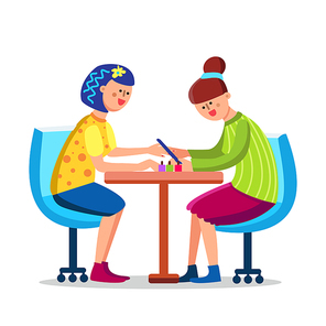 Woman Make Manicure With Nail File In Salon Vector. Girl Receiving Fingernail Elegant Manicure By Beautician. Characters In Chair With Fashion Cosmetic On Table Flat Cartoon Illustration