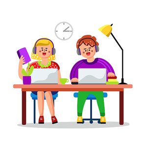 Pupils Children Studying Online Education Vector. Characters Happy Boy And Girl With Earphones Study Internet Education. Laptop, Cup, Domestic Plant And Lamp On Table Flat Cartoon Illustration