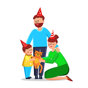 Family Celebrate Advent Of Domestic Pet Vector. Happy Characters Parents Man Father, Woman Mother And Little Boy Son With Festival Hat Playing With Cat Pet. Flat Cartoon Illustration