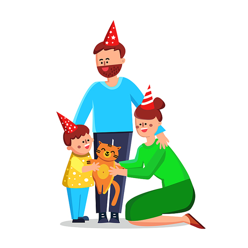 Family Celebrate Advent Of Domestic Pet Vector. Happy Characters Parents Man Father, Woman Mother And Little Boy Son With Festival Hat Playing With Cat Pet. Flat Cartoon Illustration