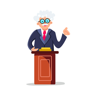 Professor Speaking Performance On Tribune Vector. Character Senior Lecturer Professor Standing At Wooden Podium. Elderly Political Or University Orator Talk Speech Flat Cartoon Illustration