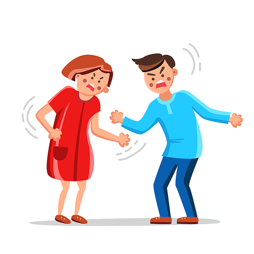 Angry Couple Arguing, Shouting And Blaming Vector. Characters Man And Woman, Husband And Wife Couple Screaming, Unhappy Young Family Fighting. Boy And Girl Relationship Flat Cartoon Illustration