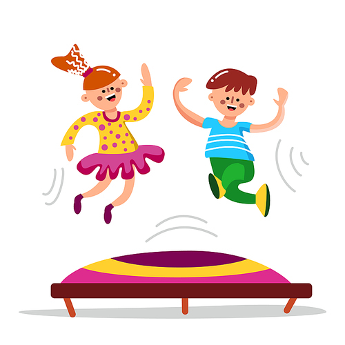 Happy Cute Children Jumping On Trampoline Vector. Characters Smiling Little Boy And Girl Friends Jump On Trampoline. Funny Playing Childhood Time On Playground Flat Cartoon Illustration