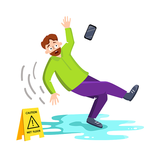 Man Falling On Wet Floor Near Caution Sign Vector. Character Adult Male Fall Down On Wet Floor, Flying Mobile Phone, Warning Plastic Nameplate. Danger Accident Flat Cartoon Illustration