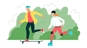 Young Boy And Girl Have Activity Sport Time Vector. Characters Man Riding On Skateboard And Woman On Roller Skates, Green Bushes On Background, Sportive Activity In Park. Flat Cartoon Illustration