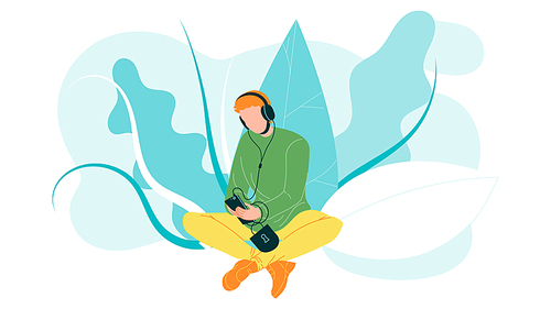 Man Using Mobile Cellular For Listen Music Vector. Character Boy Sitting On Grass And Listening Audio Tracks Or Watching Video On Mobile Phone In Park. Smartphone Addiction Flat Cartoon Illustration