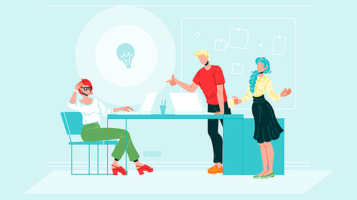 Business Colleagues Brainstorm At Office Vector. Characters People Meeting And Brainstorm, Share Ideas, Discussing And Communication In Conference Room. Partnership Flat Cartoon Illustration