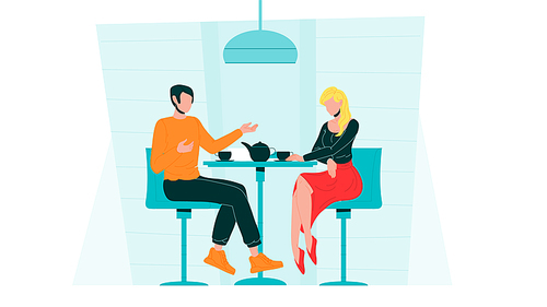 Romantic Couple Dating In Cafe Communicate Vector. Characters Dating In Restaurant Discussing, Talking And Drink Tea. Man And Woman Spending Time Together Flat Cartoon Illustration
