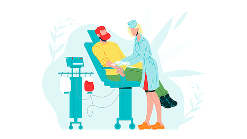 Man As Blood Donor At Donation In Hospital Vector. Character Boy Patient Sitting In Medical Chair And Donating Blood, Woman Doctor Or Nurse Connection Tool For Transfusion. Flat Cartoon Illustration
