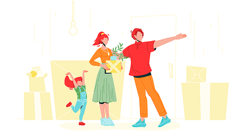Family With Carton Boxes Moving In House Vector. Happy Parents Mother And Father With Daughter Moving In New Home Apartment. Characters Man, Woman And Little Girl Flat Cartoon Illustration