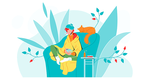 Flu Ill Girl In Armchair With Temperature Vector. Character Flu Sick Woman With Warmer On Head And Wrapped In Plaid Holding Cup And Thermometer In Mouth. Disease And Treatment Flat Cartoon Illustration
