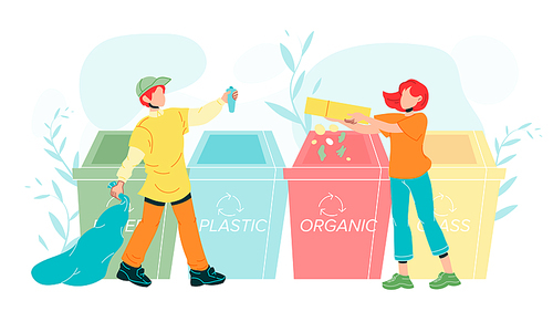 Characters Human Sorting Recycling Garbage Vector. Young Man With Trash Bag Throw Recycling Plastic Bottle And Woman Organic Rubbish From Carton Box In Containers. Flat Cartoon Illustration