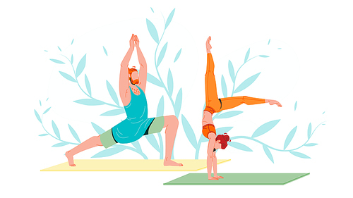 Young People In Sportswear Practicing Yoga Vector. Characters Man In Warrior Pose And Sporty Flexible Woman Handstand Yoga Exercise With Splitted Legs. Relaxation And Balance Flat Cartoon Illustration