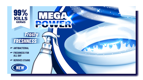 Mega Power Cleaner Promo Advertising Banner Vector. Blank Spray With Frosty Freshness, Antibacterial, Kill Germs And Removes Stains Liquid, Toilet Cleaner. Concept Layout Realistic 3d Illustration