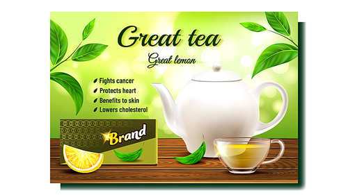 Green Tea Creative Promo Advertising Poster Vector. Tea Cup, Teapot, Lemon Piece, Package And Plant Leaf On Wooden Table. Herbal Energy Drink Concept Template Realistic 3d Illustration
