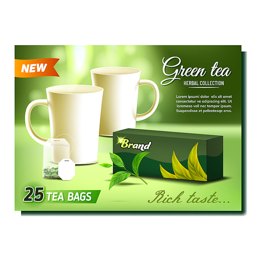 Green Tea Creative Promo Advertising Banner Vector. Tea Bag, Ceramic Cups, Package And Leaves Branch. Rich Taste Drink Herbal Collection Concept Color Template Realistic 3d Illustration