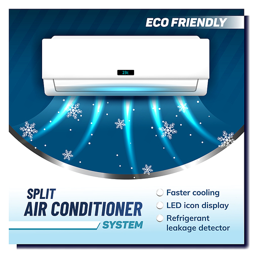 Split Air Conditioner System Promo Banner Vector. Air Condition Eco Friendly Device. Faster Cooling, Led Icon Display, Refrigerant Leakage Detector. Climate Technology Mockup Realistic 3d Illustration