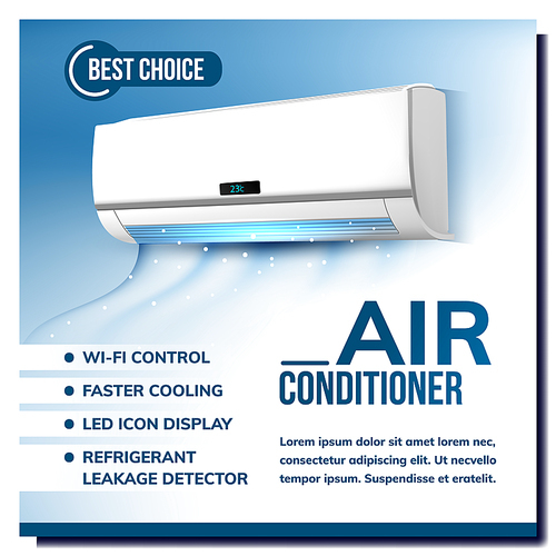Air Conditioner System Advertising Poster Vector. Conditioner With Wi-fi Control, Faster Cooling, Led Icon Display And Refrigerant Leakage Detector. Climate Device Template Realistic 3d Illustration