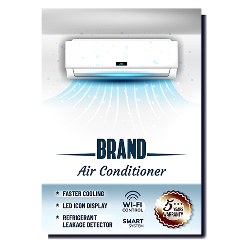 Air Conditioner System Advertising Poster Vector. Faster Cooling, Led Icon Display And Refrigerant Leakage Detector Smart System With Wi-fi Control. Room Cold Wind Mockup Realistic 3d Illustration