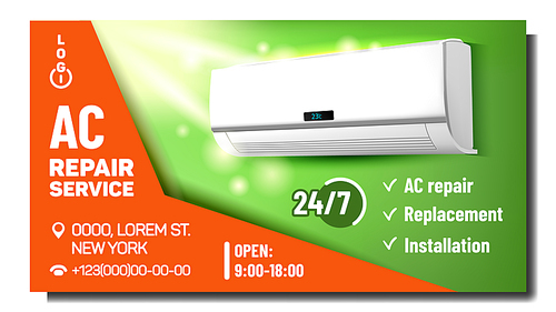 Air Conditioner Repair Service Promo Poster Vector. Ac Conditioner System Repair And Fix, Installation And Replacement. Climate System Equipment Marketing Layout Realistic 3d Illustration