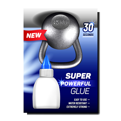 Super Powerful Glue Advertising Banner Vector. Metallic Weight And Blank Glue Container. Easy To Use, Water Resistant And Extremely Strong Concept Template Realistic 3d Illustration