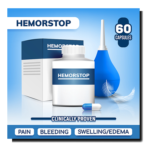 Hemorrhoids Pills And Tool Advertising Poster Vector. Hemorstop Medicament Capsules Plastic Bottle And Box, Enema Tool For Treatment Ache Hemorrhoid And Bird Feather. Template Realistic 3d Illustration