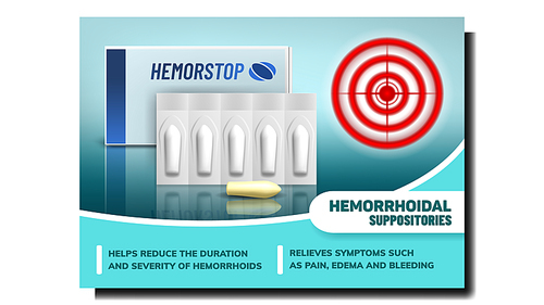 Hemorrhoidal Suppositories Promo Banner Vector. Medical Suppositories Pill, Blister Strip And Package. Hemorstop Medicaments And Aim Target Circle Pain Localization Template Realistic 3d Illustration