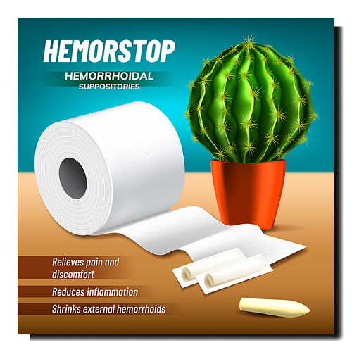Hemorrhoidal Suppositories Banner Vector. Hemorrhoid Treatment Suppositories, Cactus Domestic Plant And Toilet Paper Hygiene Accessory. Hemorrhoid Problem Mockup Realistic 3d Illustration