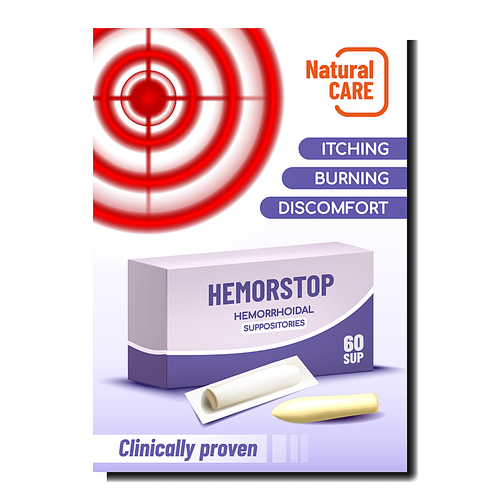 Hemorrhoids Suppositories Poster Vector. Treatment Suppositories Package And Aim Target Circle Pain Localization. Natural Care Hemorrhoid Problem Template Realistic 3d Illustration