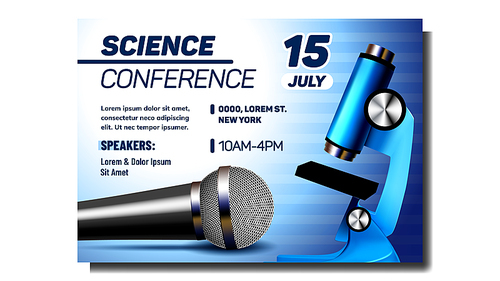 Science Conference Creative Promo Poster Vector. Modern Microphone And Microscope, Info Text Of Conference Date, Time, Place And Speakers Names. Concept Layout Realistic 3d Illustration