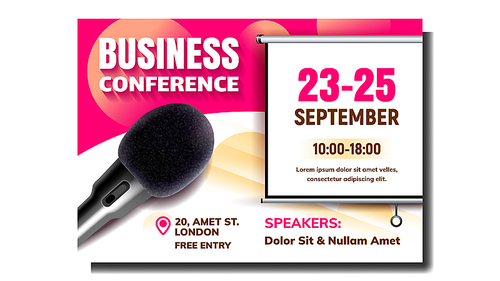 Business Conference Advertising Poster Vector. Modern Microphone Pop Filter And Speakers Names, Conference Date And Time On Promotional Creative Banner. Concept Mockup Realistic 3d Illustration