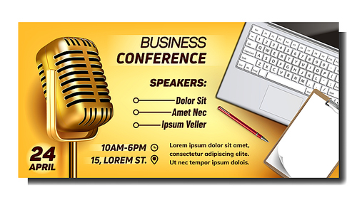 Business Conference Advertising Banner Vector. Vintage Golden Microphone And Laptop, Paper List And Pen, Speakers Names, Address, Conference Date And Time. Concept Template Realistic 3d Illustration