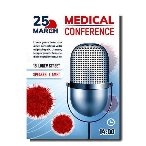 Medical Conference Bright Advertise Poster Vector. Metal Radio Microphone And Virus Bacteria, Address And Speaker Name, Conference Date And Time. Concept Template Realistic 3d Illustration