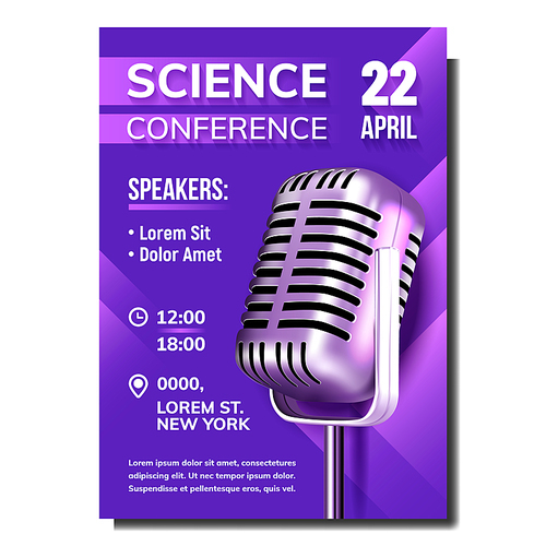 Science Conference Creative Promo Banner Vector. Vintage Metallic Microphone With Conference Date, Time, Place And Speakers Information On Creative Advertising Poster. Realistic 3d Illustration