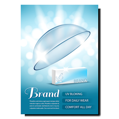 Contact Lens And Blank Box Advertise Banner Vector. Medical Device Worn To Correct Vision Lens And Carton Package. Cosmetic Or Therapeutic Help Bright Creative Realistic 3d Illustration