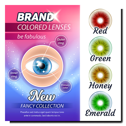 Colored Contact Lenses Advertising Poster Vector. Red And Green, Honey And Emerald Multicolor Lenses. Optical Device For Correct Vision. Cosmetic Tool Template Realistic 3d Illustration