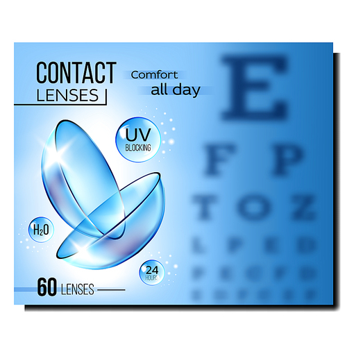 Contact Lenses In Special Liquid Banner Vector. Lenses In Water. Comfort Medical Tool For Correction Vision, Eyesight Test On Background. Healthcare Equipment Concept Mockup Realistic 3d Illustration