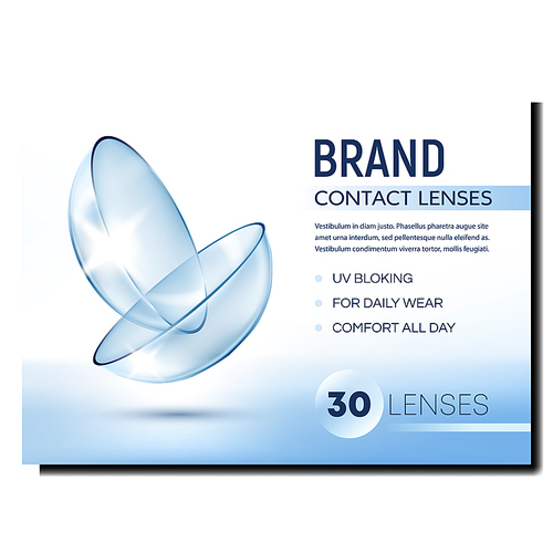 Contact Lenses Creative Advertising Poster Vector. Uv Blocking And Comfort Daily Wear Medical Lenses For Correction Vision. Eye Health Equipment Concept Layout Realistic 3d Illustration